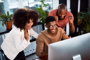 Computer, news and success with business people for email marketing, target audience research and...