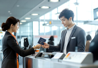 Fototapeta premium Traveler is checking in at the airport terminal in the early morning light. Generative AI. 