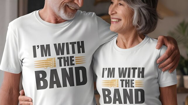 An old mature couple with matching Mockup White t-shirt Mockup. They are wearing a matching Mockup White t-shirt with the text "I'm with the band". - Powered by Adobe