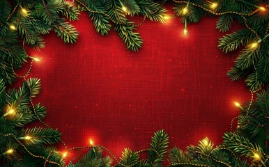 Christmas background with xmas tree and sparkle bokeh lights on red canvas background. Merry christmas card. Winter holiday theme. Happy New Year. Space for text