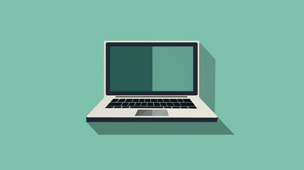 Flat lay of a laptop with a long shadow on a mint green background.