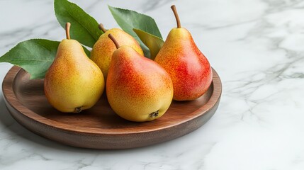 Vibrant Arrangement of Three Ripe Forelle Pears with Green Leaves on a Rustic Wooden Tray Against a Chic White Marble Background—A Celebration of Healthy Eating