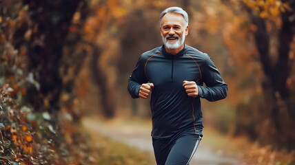 Fototapeta premium Active Senior Man Jogging Autumn Trail Smiling Happy Fitness Healthy Lifestyle