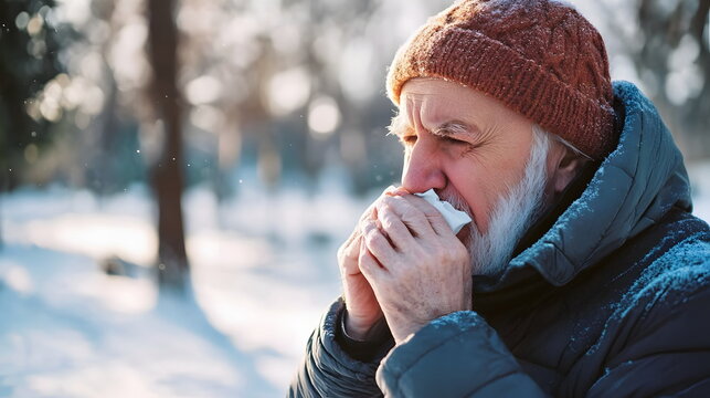 Elderly Man Sneezing Winter Snow Cold Weather Outdoors Tissue - Powered by Adobe