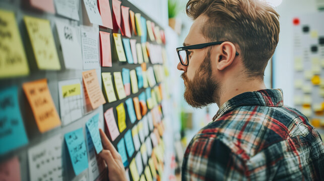 Young Man Brainstorming Ideas With Colorful Sticky Notes on a Wall in a Creative Workspace