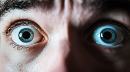 A close-up of a person’s wide-open eyes and slightly parted mouth, capturing a moment of shock or surprise. Shadows emphasize the suddenness and intensity of the emotion,.