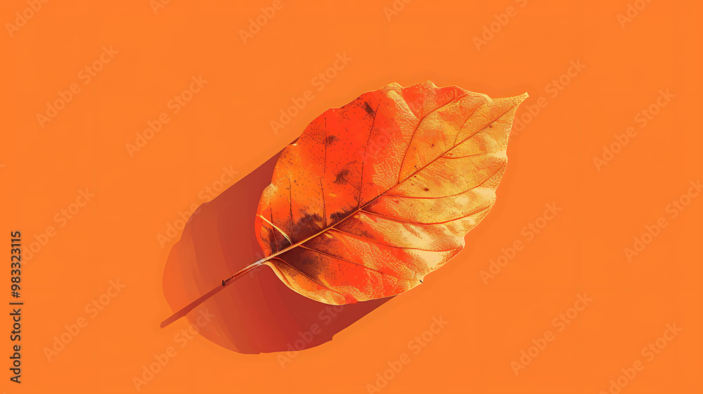 Wall mural single autumn leaf on a bright orange background.