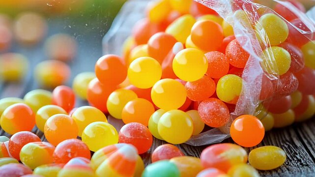 A clear bag bursts open, spilling vibrant orange, yellow, and green candies across a rustic wooden table. The kitchen is lively and inviting, perfect for sharing treats.