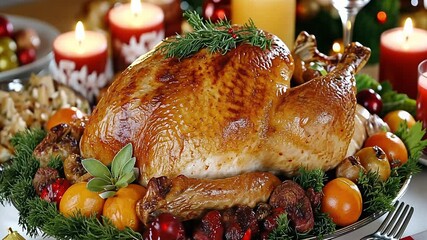 A beautifully roasted turkey is presented on a festive table adorned with seasonal decorations and candles, perfect for a holiday celebration and family gathering.