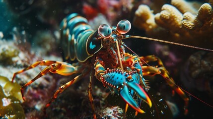 A vibrant mantis shrimp with large, expressive eyes is seen in close-up.