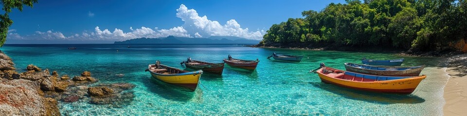 Naklejka premium Scenic Beach with Colorful Boats Under Blue Sky