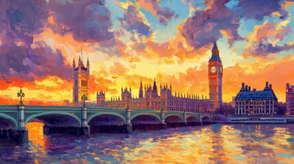 Naklejka premium Stunning Sunset Over London Cityscape with Big Ben