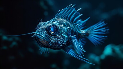 Obraz premium A close-up of a fish with a large eye in a dark blue background.