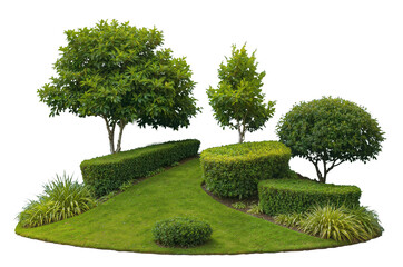 Botanical garden landscape with sculpted hedges, ornamental trees, and lush greenery isolated on transparent background, ideal for botanical gardening, landscape design, outdoor decor. Generative AI