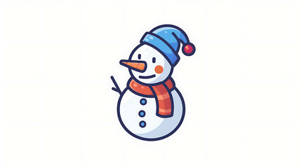 Cute cartoon snowman with carrot nose, blue hat, and red scarf.