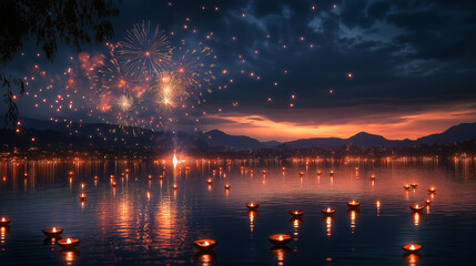 Fireworks and Diyas Reflection: Fireworks exploding above a lake, with their reflection in the water along with the flickering lights of floating diyas, Diwali