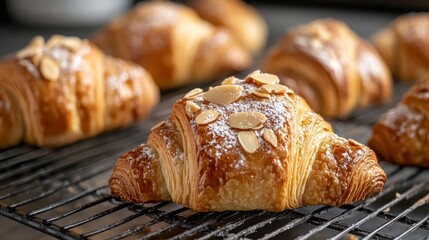 Delectable croissants with almonds on a metal grate
