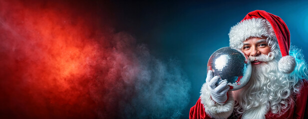 Cheerful Santa Claus Holding Disco Ball with Red and Blue Smokey Background - Festive Celebration. banner