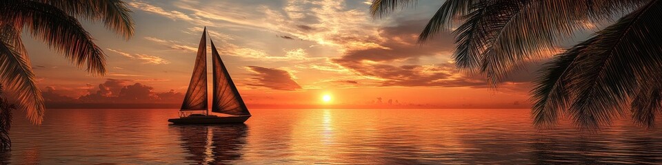 Serene Sunset Over Calm Ocean with Sailboat