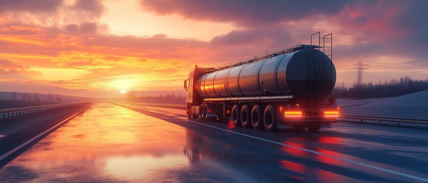Tanker Truck on a Road with Sunset