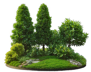 Green park landscape with tall shrubs, ornamental trees, and stone pathway isolated on transparent background, garden landscape design, outdoor decoration, nature elements. Generative AI 