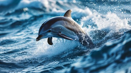 A dolphin leaps out of the water, creating a spray of water droplets. © Sam