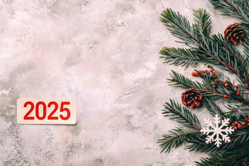 Festive 2025 New Year Celebration Background with Evergreen Decoration