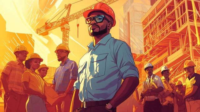 Professional Construction Worker on Job Site with Team