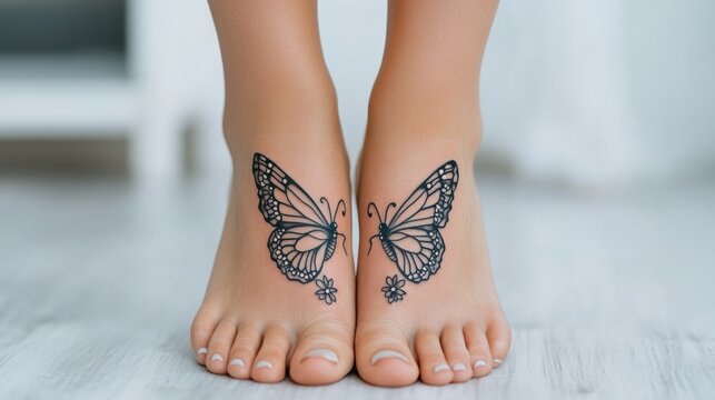 A woman's feet with butterfly tattoos on them, AI