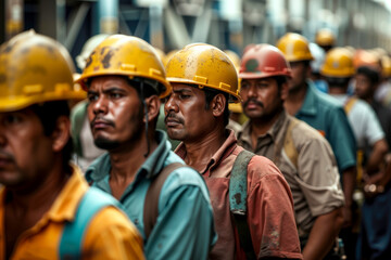 A group of men wearing hard hats standing next to each other