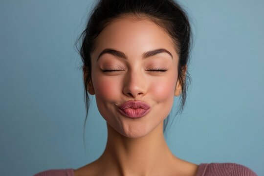 Close-up portrait of a woman with eyes closed and lips puckered in a kissy face expression