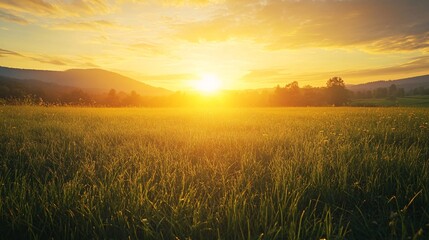 Sunset Over a Field of Grass and Mountains