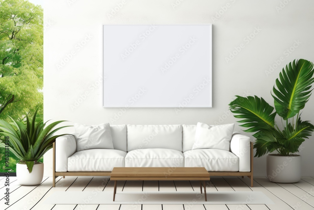 Poster A minimal living room featuring a blank white canvas wall mockup surrounded by lush greenery and modern furniture showcasing a tranquil atmosphere