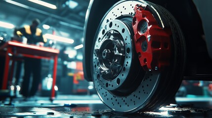 Close-up of a car brake system in a modern auto repair shop. The background shows a mechanic working on a vehicle.