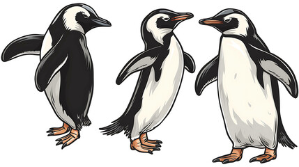 Obraz premium A set of three cartoon penguins in different poses.
