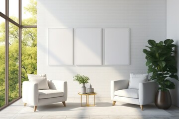 Fototapeta premium A minimal living room featuring a blank white canvas wall mockup, two cozy armchairs, and a small table with potted plants, illuminated by natural light from large windows