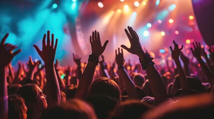 A vibrant crowd of music fans immersed in the excitement of a live concert, with stage lights illuminating the event..