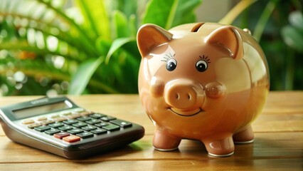 Piggy bank and calculator for budgeting and saving money
