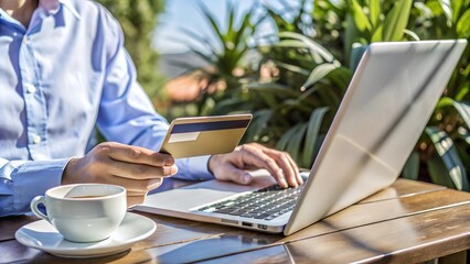 Hands holding credit card and using laptop for online banking