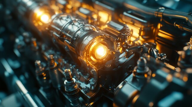Close-up of a futuristic engine with glowing elements, showcasing advanced technology and intricate mechanical details in a vibrant setting.