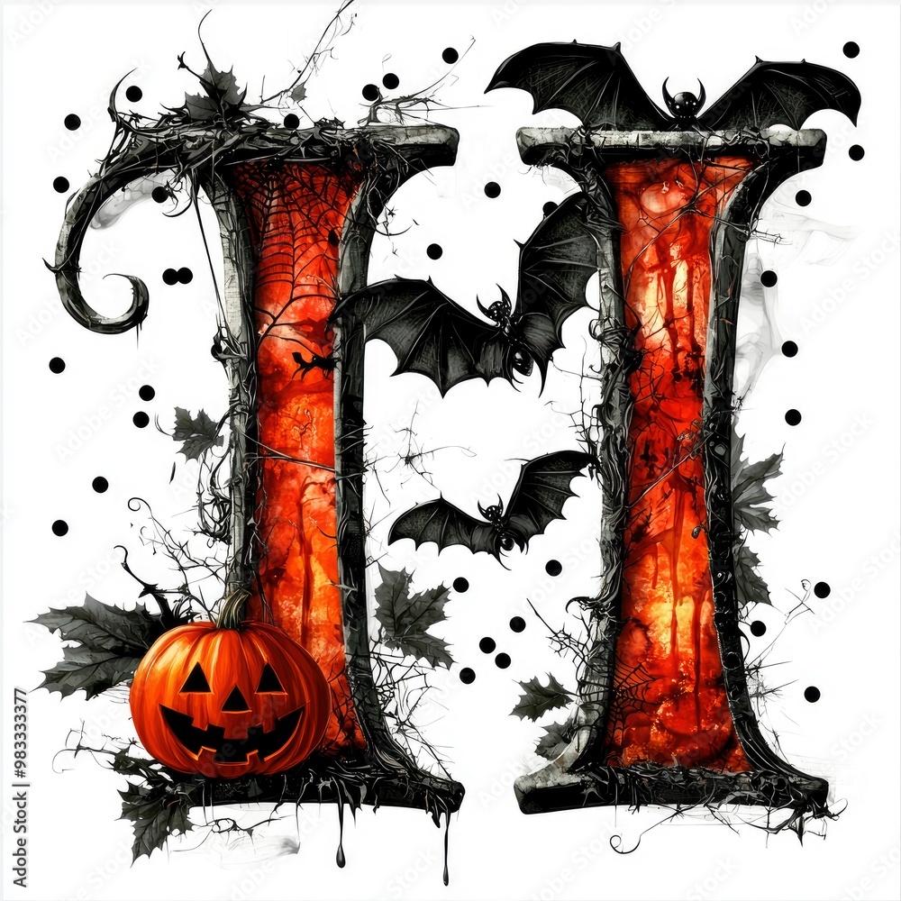 Poster Halloween Letter H with Bats and Pumpkin