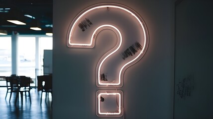 A large neon question mark sign on a wall. The sign has a few burnt-out bulbs. The background is dimly lit, revealing a few chairs and a whiteboard.