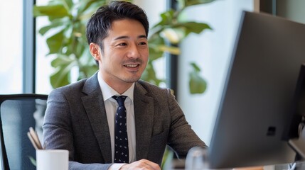 Naklejka premium Professional Man Smiling at Computer in Modern Office