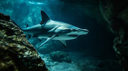 A shark swims through the water, its sleek body silhouetted against the blue background.