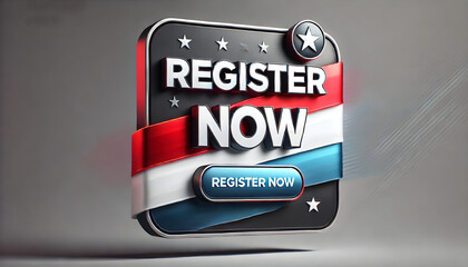 A sleek, modern banner for a website featuring the words 'REGISTER NOW' in bold, clean typography. The design has a single flag star in one of the top – election – vote – slogan – USA – US – president