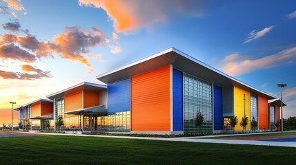 A community sports complex with dynamic, angled facades of fiber cement siding, colored to represent team spirit and to withstand high foot traffic and weather