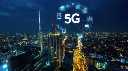 City skyline at night with 5G network symbol, illuminated buildings and roads showcasing modern connectivity. Morden city and tech futuristic concept.