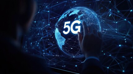 Man interacting with a digital globe displaying 5G technology in a network of connections. Morden city and tech futuristic concept.