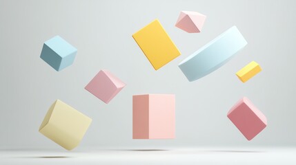 Pastel-colored geometric shapes levitating in mid-air.