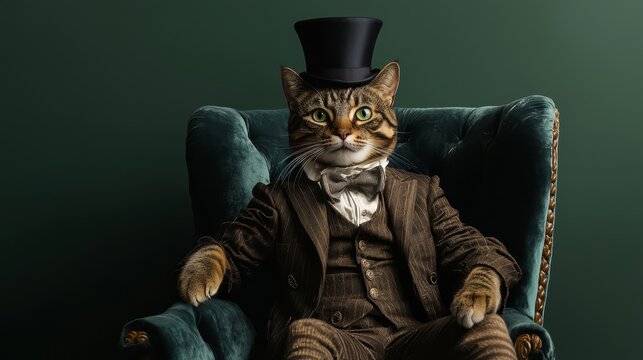 An elegant tabby cat in a Victorian outfit sits poised on a plush velvet chair against a solid green background, showcasing a whimsical blend of charm and sophistication